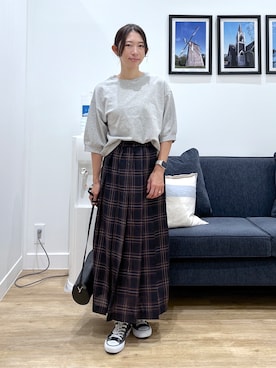 「Dessin（デッサン）のバックヘンリーカットソー5分袖（Tシャツ/カットソー、グレー系）」を使った、canaさん（レディース・160cm）の夏コーディネート