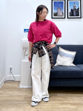 「Dessin（デッサン）のバックヘンリーカットソー5分袖（Tシャツ/カットソー、ピンク系）」を使った、canaさん（レディース・160cm）の夏コーディネート