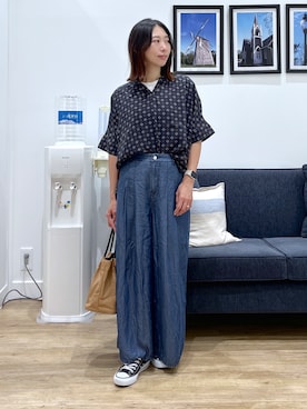 「Dessin（デッサン）のテンセルデニム タックワイドパンツ（デニムパンツ、ブルー系）」を使った、canaさん（レディース・160cm）の夏コーディネート