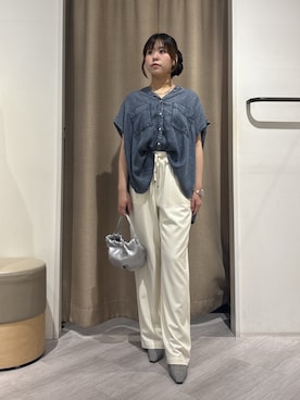 「Jena espace merveilleux(ジェナ エスパスメルヴェイユ)の【サラサラ半袖デニム】テンセルフレンチシャツ(シャツ/ブラウス、ブルー系)」を使った、mmmn0913さん(レディース・160cm)の夏コーディネート