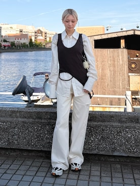 「SENEE（セニー）のloose vintage like denim（ルーズビンテージライクデニム）（デニムパンツ、ホワイト系）」を使った、meiさん（レディース・161cm）の夏コーディネート