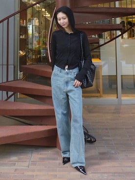 「SLY（スライ）のMICHIXSLY POINTED SANDAL ミチスライ ポインティド サンダル（サンダル、ブラック系）」を使った、meiさん（レディース・161cm）の秋コーディネート
