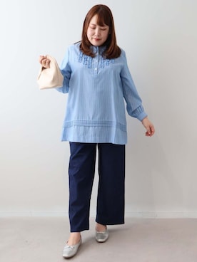 「MB mint breeze（エムビーミントブリーズ）の【L～6L 大きいサイズ】バンドカラーフリルチュニック（チュニック）」を使った、Hi! ONLINE STOREさん（レディース・160cm）の秋コーディネート