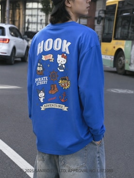 「HOOK（フック）のHOOK -original-　サンリオキャラクターズ コラボ バックプリントロンTEE（Tシャツ/カットソー、ブルー系）」を使った、HOOK officialさん（メンズ・170cm）の夏コーディネート