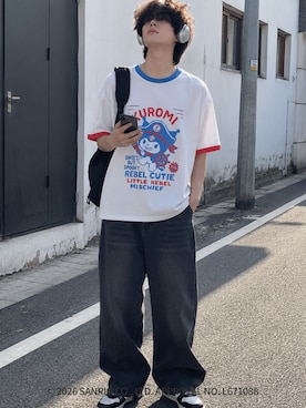 「aimoha（アイモハ）のHOOK -original-　サンリオキャラクターズ コラボ プリントTシャツ（Tシャツ/カットソー、ホワイト系）」を使った、HOOK officialさん（メンズ・170cm）の夏コーディネート