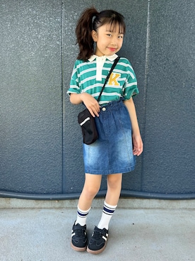 「MPS（エムピーエス）のMPS(エムピーエス)マルチボーダースキッパーＴシャツ（Tシャツ/カットソー、グリーン系）」を使った、阿部みかさんの春コーディネート