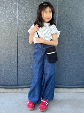 「Right-on（ライトオン）のVIVIAN BLUE(ヴィヴィアンブルー)ボーダープリントフリルＴシャツ（Tシャツ/カットソー、ブルー系）」を使った、阿部みかさんの春コーディネート