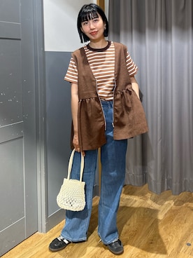 「Right-on（ライトオン）のHONEYSUCKLE ROSE(ハニーサックルローズ)マルチボーダータイトＴシャツ（Tシャツ/カットソー、オレンジ系）」を使った、阿部みかさんの春コーディネート