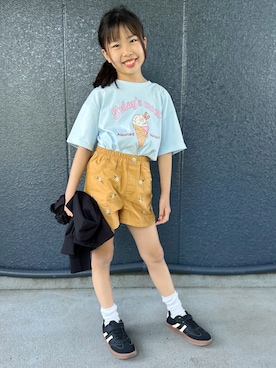 「Right-on（ライトオン）のVIVIAN BLUE(ヴィヴィアンブルー)接触冷感プリントＴシャツ（Tシャツ/カットソー、ブルー系）」を使った、阿部みかさんの夏コーディネート