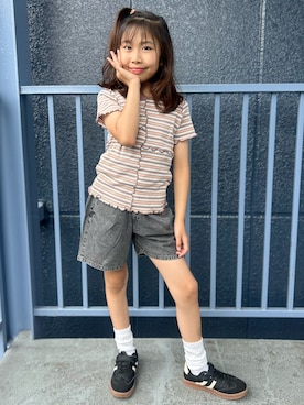 「VIVIAN BLUE（ビビアンブルー）のVIVIAN BLUE(ヴィヴィアンブルー)切替テレコＴシャツ（Tシャツ/カットソー、ブラウン系）」を使った、阿部みかさんの夏コーディネート