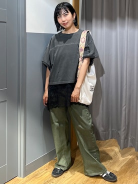 「Right-on（ライトオン）のレース切替ノースリーブTシャツ（Tシャツ/カットソー、ブラック系）」を使った、阿部みかさんの夏コーディネート