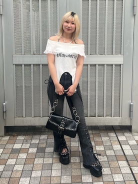 「jouetie（ジュエティ）のスニーカーソールハトメリボンシューズ（パンプス、ブラック系）」を使った、AIRIさん（レディース・155cm）の夏コーディネート