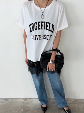 「Anclear oui（アンクリアウィ）の【接触冷感】ビッグロゴ刺繍Tシャツ（T恤、ホワイト系）」を使った、こちゅさん（レディース・159cm）の夏コーディネート