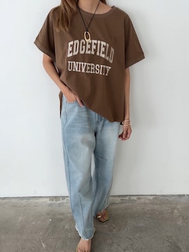 「Anclear oui（アンクリアウィ）の【接触冷感】ビッグロゴ刺繍Tシャツ（T恤、ブラウン系）」を使った、こちゅさん（レディース・159cm）の夏コーディネート