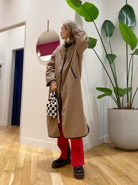 「チェック柄に恋してる」｜「アイテム（ノーカラーコート）」を使った、momocoさん（レディース・164cm）の冬コーディネート