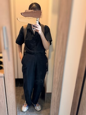 「Kastane（カスタネ）の【UNISEX】CHAMBRAY JUMPSUIT（サロペット/オーバーオール、ブラック系）」を使った、tsuigekin0otsuboneさん（レディース・165cm）の夏コーディネート