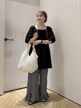 「LOWRYS FARM（ローリーズファーム）のペプラムチュニックＳＳ 660871（シャツ/ブラウス、ブラック系）」を使った、rinangoさん（レディース・146cm）の夏コーディネート