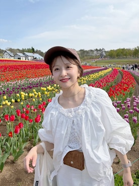 「LOWRYS FARM（ローリーズファーム）の【LFM(U)】newhattan／ＬＯＧＯ　ＣＡＰ　 581267（キャップ、ブラウン系）」を使った、rinangoさん（レディース・146cm）の春コーディネート