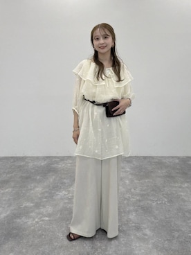 「LOWRYS FARM（ローリーズファーム）の【接触冷感・UVカット】ソフリネンワイドパンツ 621564（スラックス、ホワイト系）」を使った、rinangoさん（レディース・146cm）の夏コーディネート