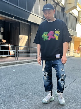 「grounds（グラウンズ）のgrounds / グラウンズ/JEWELRY/ logo knit gray white x ice gray sole（スニーカー、ホワイト系）」を使った、Koutaro Makitaさん（メンズ・168cm）の夏コーディネート