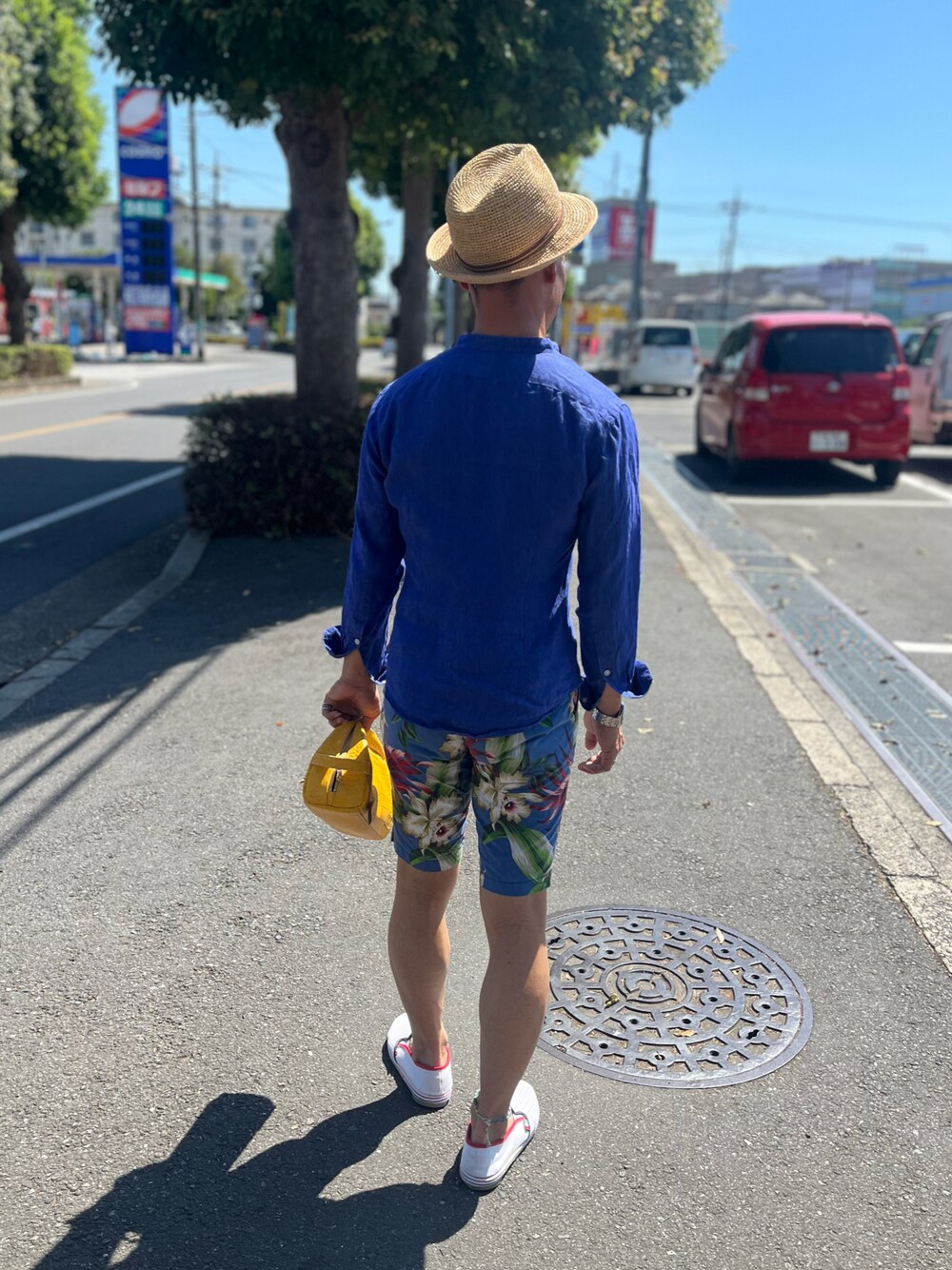 「夏コーデ、メンズコーデ、40代ファッション」｜「銀座トラヤのアイテム（ハット、ベージュ系）」を使った、トミーさん（メンズ・162cm）の夏コーディネートの1枚目の写真