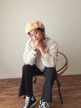 「防寒」｜「アイテム（キャップ）」を使った、階上実穂さん（レディース・158cm）の冬コーディネート