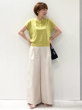 「MK MICHEL KLEIN（エムケーミッシェルクラン）のストレッチツイル プルオンワイドパンツ/撥水/洗える（その他パンツ、ベージュ系）」を使った、MKミッシェルクランさん（レディース・157cm）の夏コーディネート