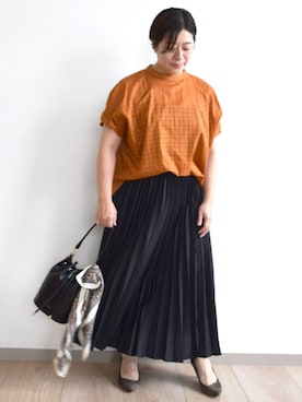 「MK MICHEL KLEIN（エムケーミッシェルクラン）の[洗える]シアーチェックタックスリーブブラウス（シャツ/ブラウス、オレンジ系）」を使った、MKミッシェルクランさん（レディース・163cm）の夏コーディネート
