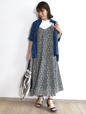 「MK MICHEL KLEIN（エムケーミッシェルクラン）の[洗える]前後2way花柄シアーキャミワンピース（ワンピース、ベージュ系）」を使った、MKミッシェルクランさん（レディース・163cm）の夏コーディネート