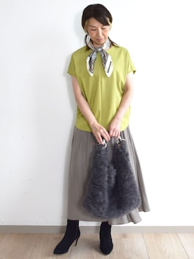 「MK MICHEL KLEIN（エムケーミッシェルクラン）の[瞬美シリーズ/UVカット/接触冷感/洗える]サテンガウチョパンツ（その他パンツ、グリーン系）」を使った、MKミッシェルクランさん（レディース・163cm）の夏コーディネート