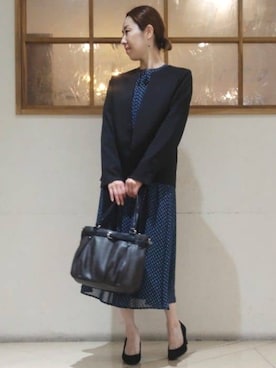 「MK MICHEL KLEIN（エムケーミッシェルクラン）の[洗える]スクエア幾何柄シフォンスカート（スカート、ブルー系）」を使った、MKミッシェルクランさん（レディース・153cm）の秋コーディネート