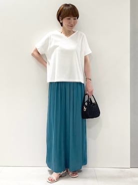 「MK MICHEL KLEIN（エムケーミッシェルクラン）のストライプチュールカットソー/接触冷感/洗える（Tシャツ/カットソー、ホワイト系）」を使った、MKミッシェルクランさん（レディース・157cm）の夏コーディネート
