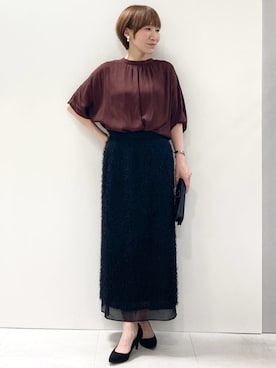 「MK MICHEL KLEIN（エムケーミッシェルクラン）の[洗える]チュールシャギーナロースカート（スカート、ブラック系）」を使った、MKミッシェルクランさん（レディース・163cm）の夏コーディネート