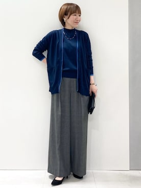 「MK MICHEL KLEIN（エムケーミッシェルクラン）の[洗える/イージーケア/抗ピリング/ナチュラルストレッチ/ソフトタッチ]ストレートワイドシルエットパンツ（チェック）（スラックス、グレー系）」を使った、MKミッシェルクランさん（レディース・153cm）の秋コーディネート