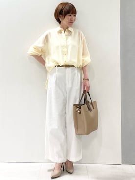 「MK MICHEL KLEIN（エムケーミッシェルクラン）の馬蹄バックルベルト（ベルト、ベージュ系）」を使った、MKミッシェルクランさん（レディース・162cm）の春コーディネート