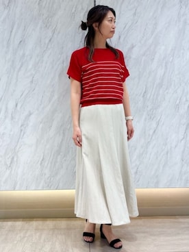 「MK MICHEL KLEIN（エムケーミッシェルクラン）の[UVカット/洗える]リネン混フレアースカート（スカート、ベージュ系）」を使った、MKミッシェルクランさん（レディース・162cm）の春コーディネート