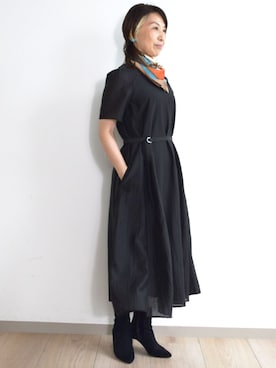 「MK MICHEL KLEIN（エムケーミッシェルクラン）の[洗える]ドビーストライプフレアーワンピース（ワンピース、ブラック系）」を使った、MKミッシェルクランさん（レディース・163cm）の夏コーディネート