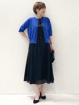 「MK MICHEL KLEIN（エムケーミッシェルクラン）の[UVカット/接触冷感/洗える]5分袖ニットカーディガン（カーディガン/ボレロ、ブルー系）」を使った、MKミッシェルクランさん（レディース・163cm）の夏コーディネート