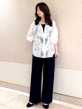 「MK MICHEL KLEIN（エムケーミッシェルクラン）のスクエアネックリブニットタンクトップ/UVカット/洗える（タンクトップ、ブラック系）」を使った、MKミッシェルクランさん（レディース・153cm）の秋コーディネート