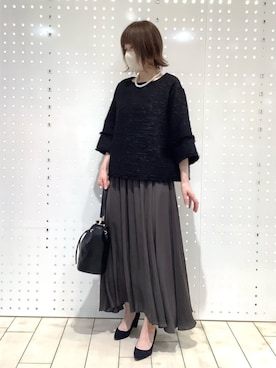 「MK MICHEL KLEIN（エムケーミッシェルクラン）の[洗える]ツイードライクフリンジトップス（Tシャツ/カットソー、ブラック系）」を使った、MKミッシェルクランさん（レディース・153cm）の秋コーディネート