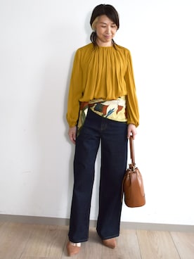 「MK MICHEL KLEIN（エムケーミッシェルクラン）の[洗える]11ozデニム ワイドストレートパンツ（デニムパンツ、ブルー系）」を使った、MKミッシェルクランさん（レディース・158cm）の秋コーディネート