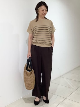 「MK MICHEL KLEIN（エムケーミッシェルクラン）の[洗える]リネンライクストレッチ ストレートワイドパンツ（スラックス、ブラウン系）」を使った、MKミッシェルクランさん（レディース・162cm）の春コーディネート