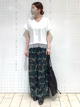 「MK MICHEL KLEIN（エムケーミッシェルクラン）のスパンコール2WAYトートバッグ（トートバッグ、ブラック系）」を使った、MKミッシェルクランさん（レディース・157cm）の夏コーディネート