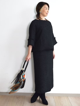 「MK MICHEL KLEIN（エムケーミッシェルクラン）の[洗える]チェーンプリントスカーフ（バンダナ/スカーフ、ブラウン系）」を使った、MKミッシェルクランさん（レディース・158cm）の秋コーディネート