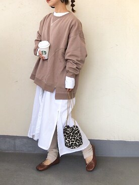 「Re:EDIT（リエディ）の配色ステッチ裏起毛プルオーバー（スウェット）」を使った、emiko☆さん（レディース・155cm）の秋コーディネート