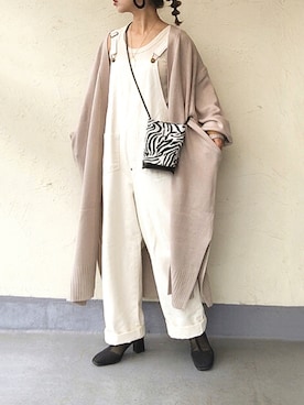 「ロングカーディガン」｜「アイテム（オールインワン・サロペット）」を使った、emiko☆さん（レディース・155cm）の秋コーディネート