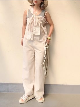 「たすき掛け」｜「アイテム（サロペット/オーバーオール）」を使った、emiko☆さん（レディース・155cm）の春コーディネート