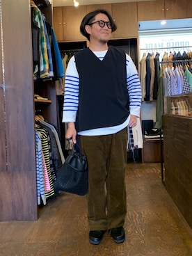 「アイテム（ハンドバッグ）」を使った、SLOW JAM平沼さん（メンズ・165cm）の秋コーディネート