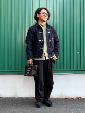 「アイテム（トートバッグ）」を使った、SLOW JAM平沼さん（メンズ・165cm）の秋コーディネート