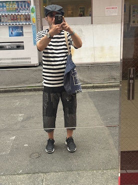 「ReqHatter（レックハッター）のアイテム（キャスケット、ブラック系）」を使った、sockさん（メンズ・169cm）の夏コーディネート